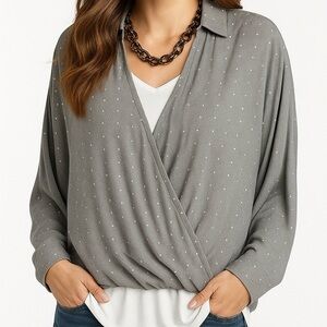 Lou & Grey Gray Metallic Gold and Silver Accent Long Sleeve Blouse Size Medium